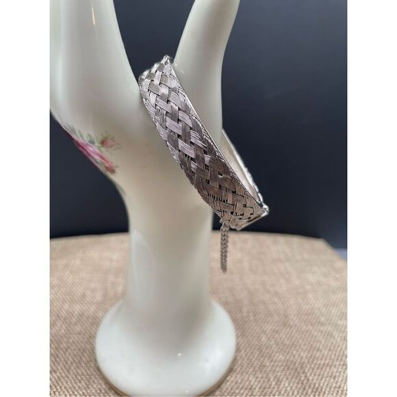 Silver Tone Bangle Cuff Bracelet Woven Basket Pattern Unisex - Picture 6 of 6